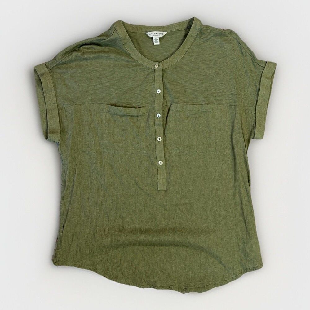 Lucky Brand Shirt Top Women L Green Henley Round Neck Button Up